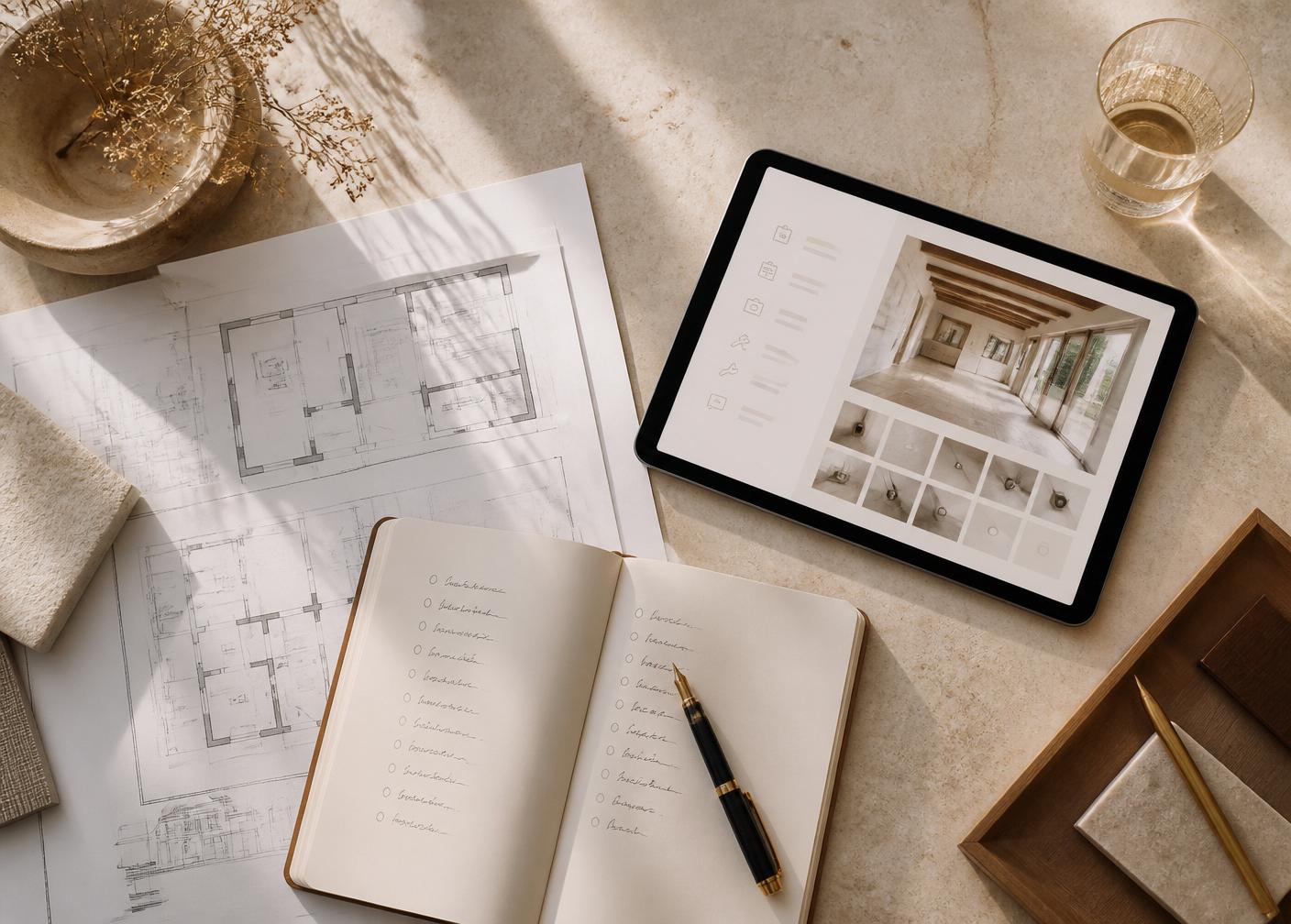 Architectural plans, a checklist notebook, and a tablet showing property inspection details on a warm limestone surface